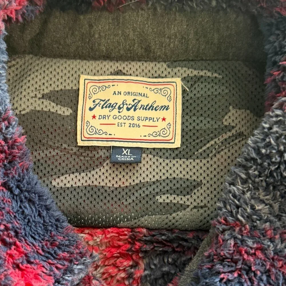 Flag & Anthem Men's XL Red/Navy/Gray Fleece Plaid Button Heavy Flannel Jacket